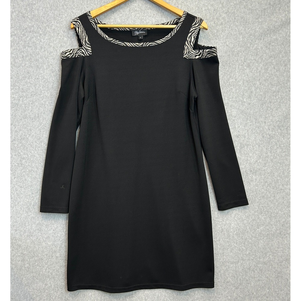 Oleg Cassini Size 12 Cold Shoulder Dress Long Sleeve Stretch Black Zebra Trim